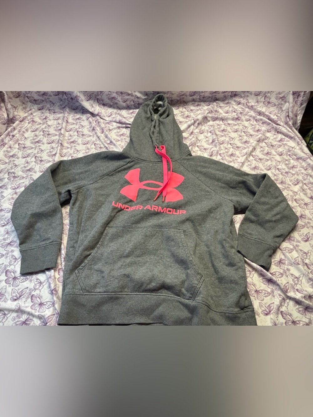 ⚛️Under Armour Gray Hoodie with Pink Logo and Drawstrings